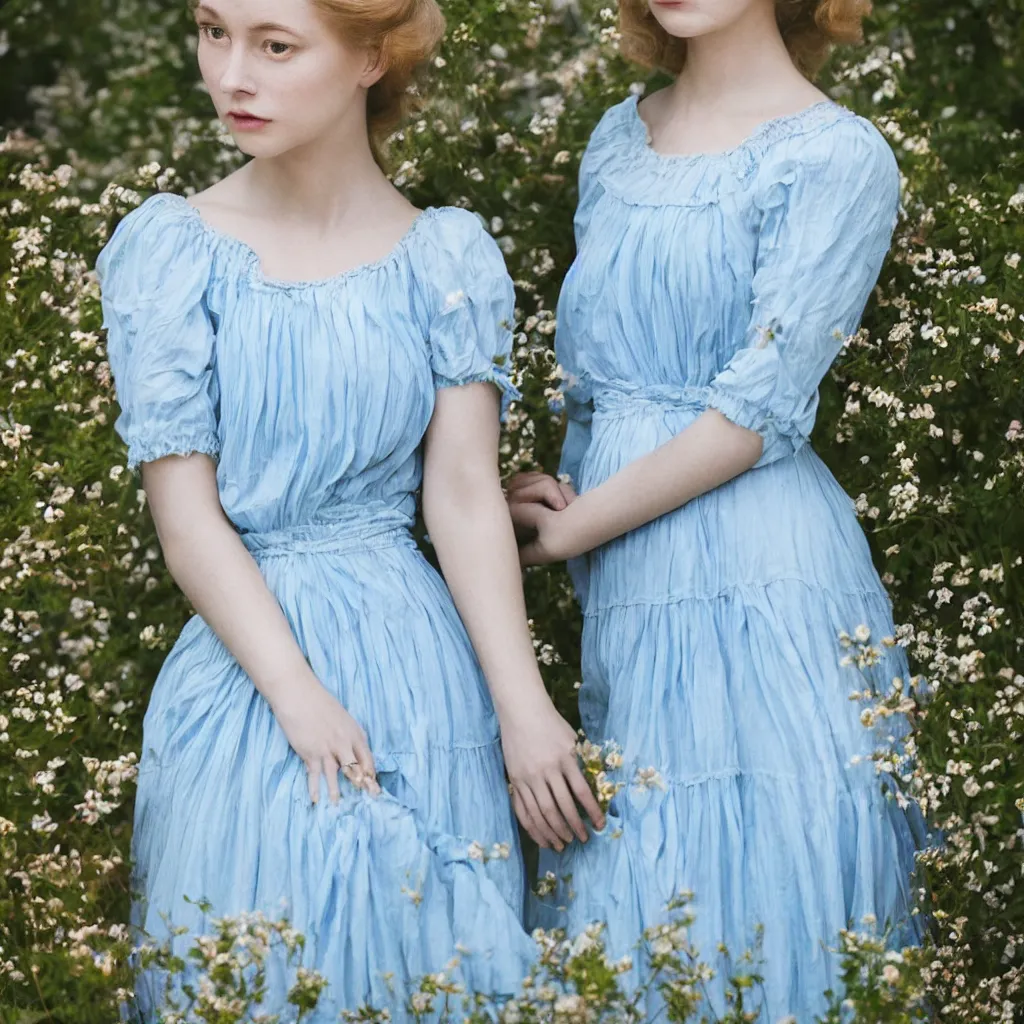 Image similar to portrait of a young lady in a light blue dress 1 9 0 0 s one entire face shown in great detail, singular person, in a beautiful garden, looking at the camera, full body in camera, blonde hair, garden, photorealistic, extreme detail, sharp focus, 8 k, intricate, hyper detailed, realistic, cinematic lighting