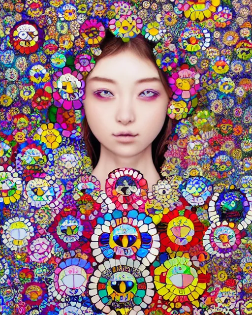 Image similar to a beautiful girl surrounded by bright intricate patterns, by takashi murakami, intricate painting, hyper realistic, extremely detailed and beautiful aesthetic face, 8 k resolution