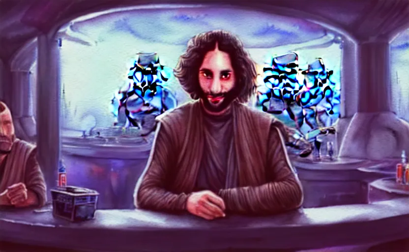 Image similar to a realistic star wars watercolor fantasy concept art of a drug dealer that looks like chris d'elia in a sleazy futuristic bar of coruscant, hq, 4 k