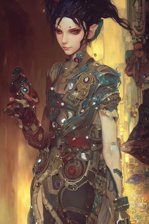 Image similar to portrait of beautiful young elf, cyberpunk, Warhammer, highly detailed, artstation, illustration, art by Gustav Klimt and Range Murata and Ilya Kuvshinov and Sakimichan