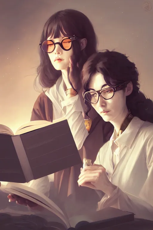 Image similar to portrait of two wise and very beautiful women scientists reviewing some texts, art by guweiz, intricate, elegant, highly detailed, smooth, sharp focus, artstation