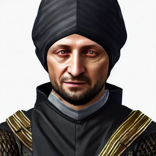 Prompt: Detailed portrait of Volodymyr Zelensky close to reality in 2022, in game style 8k in a detailed assassin costume from the assassin computer game, on a white background,