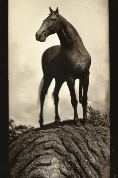 Image similar to an 1800s photo of 2 horses on top of a tree