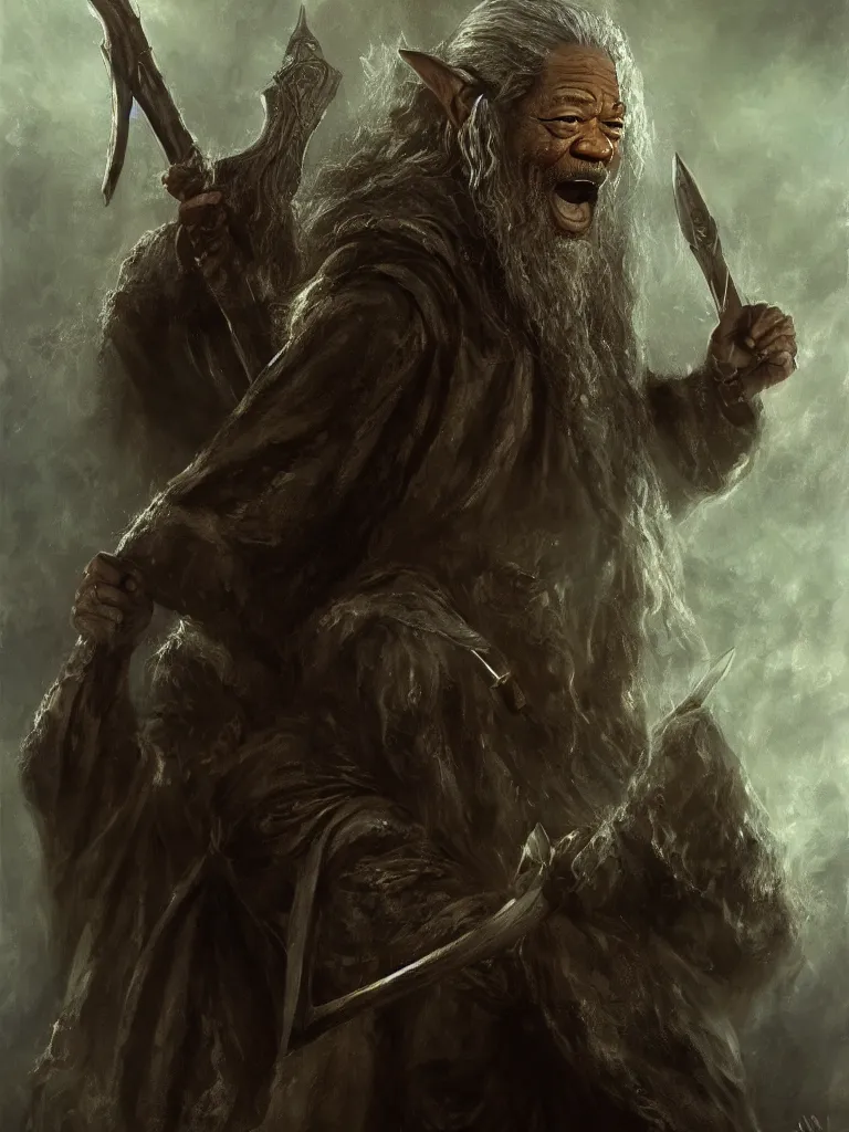 Prompt: morgan freeman starring as gimli in lord of the rings, full body, epic dark fantasy horror stylized oil painting by ivan shiskin. trending on artstation