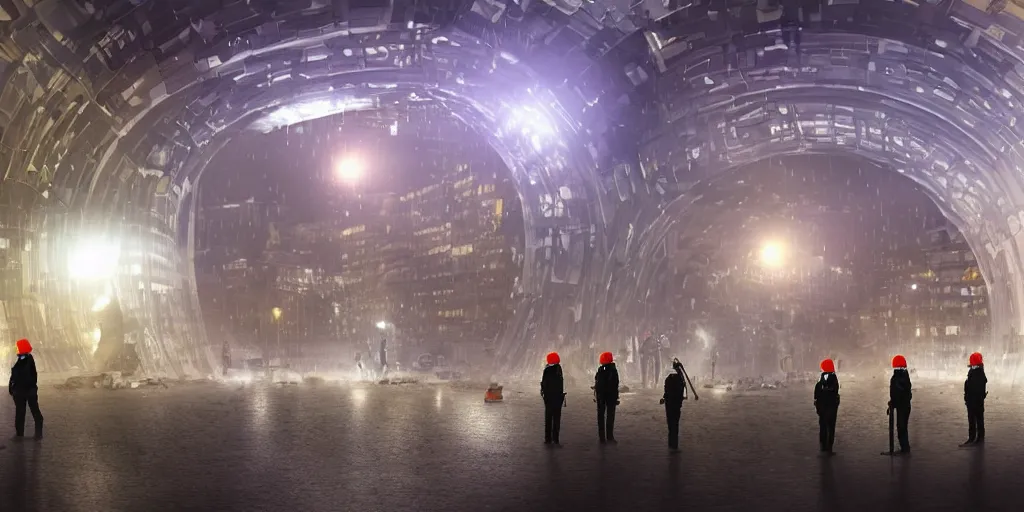 Prompt: policemen protect and guard a huge spiral - shaped luminous object right in the center of the city from protesting people, night, rain and light fog, professional lighting, concept art in 3 d, high detail, professional lighting