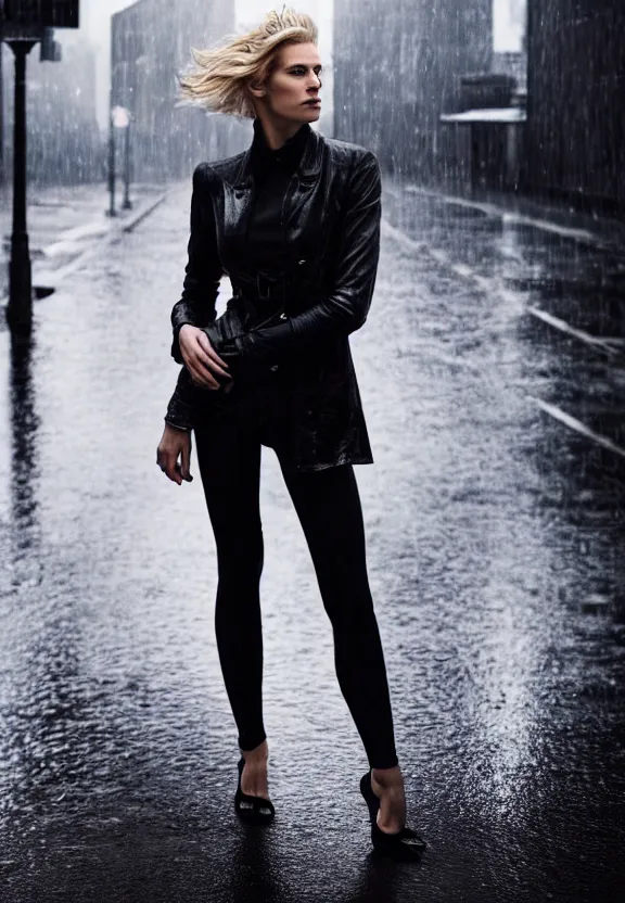 Prompt: cosmopolitan model annie leonhart posing with open toe heels in dunwall city, beautiful face, detailed face, realistic eyes, cinematic lighting, rainy weather, melancholy atmosphere, volumetric light, gothic architecture, realistic reflections, model agency, instagram photo, depression and despair, shot on sony a 7