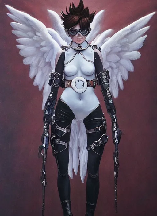 Image similar to full body artwork of tracer overwatch wearing leather collar in style of zdzisław beksinski, angel wings, dramatic painting, symmetrical composition, wearing detailed leather collar, black shiny armor, chains, black harness, detailed face and eyes,