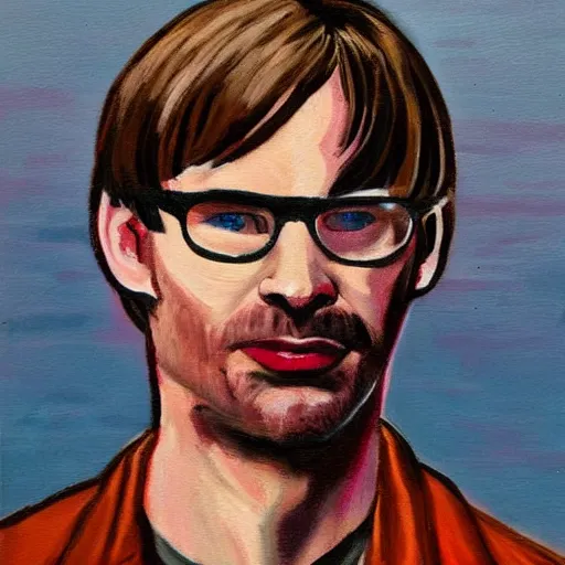 Image similar to jeffrey dahmer in pink overalls and brown boots, oil painting, gucci poster