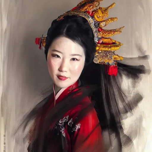 Prompt: spontaneous portrait under painting of a lady in chinese opera headdress, beautiful juicy brush strokes, by richard schmid and sargent, trending on cgsociety, expressionism
