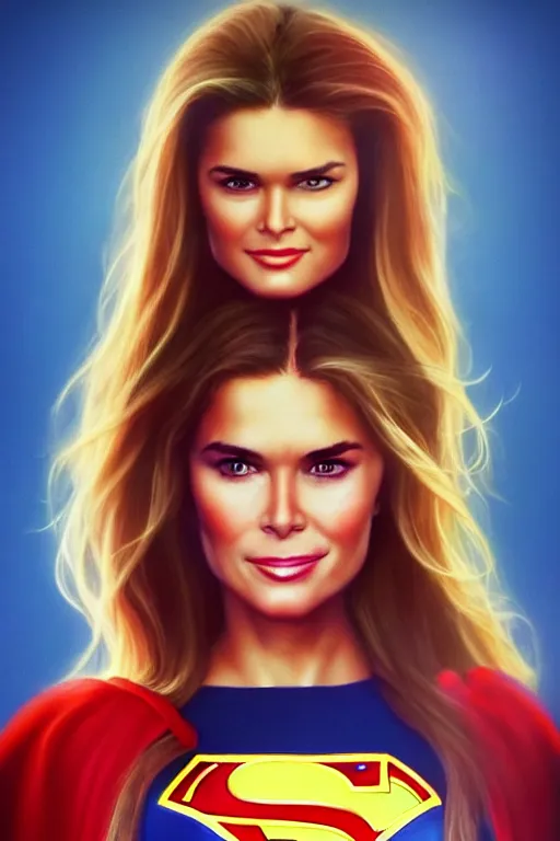 Image similar to portrait of a mix of beautiful young maria shriver, mariel hemmingway, brooke shields and elle macpherson as supergirl, thin lips, hair tied up in a pony tail, colorful artstation, cgsociety