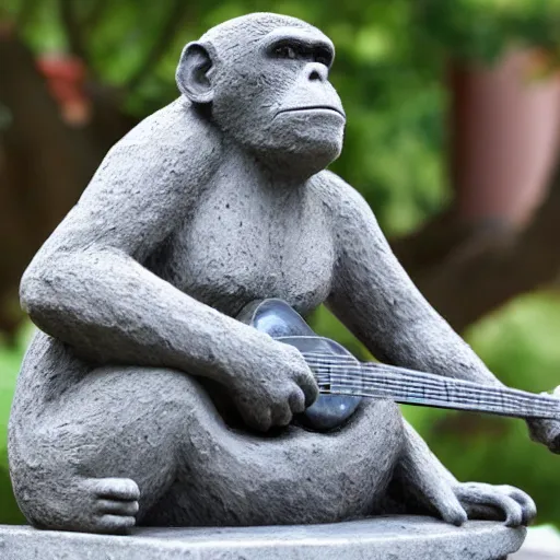 Prompt: a concrete statue of a monkey playing the guitar