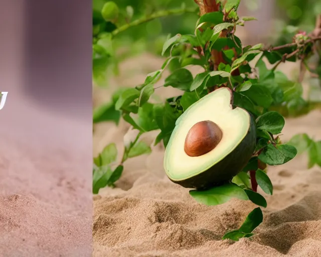 Image similar to 8 5 mm photography of elon musk as an avocado near a garden with sand with dof and bokeh and flowers