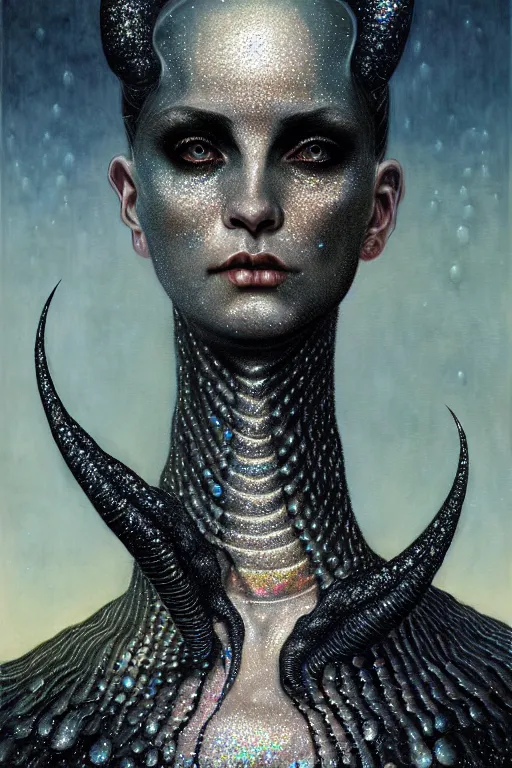 Prompt: pearlescent black lilith! the primordial gothic mother of all monsters!!, covered in iridescent glitter!!, raining ash, fine art masterpiece, highly detailed dino valls wayne barlowe machiej kuciara, dramatic lighting, long shot, side angle, uhd 8 k, sharp focus