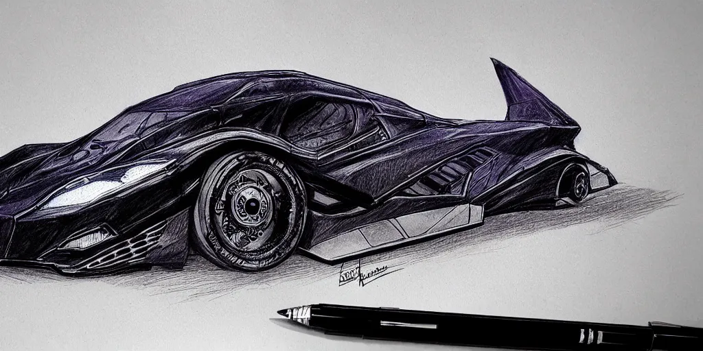 Image similar to ballpoint pen drawing of the batmobile, batman, arkham knight