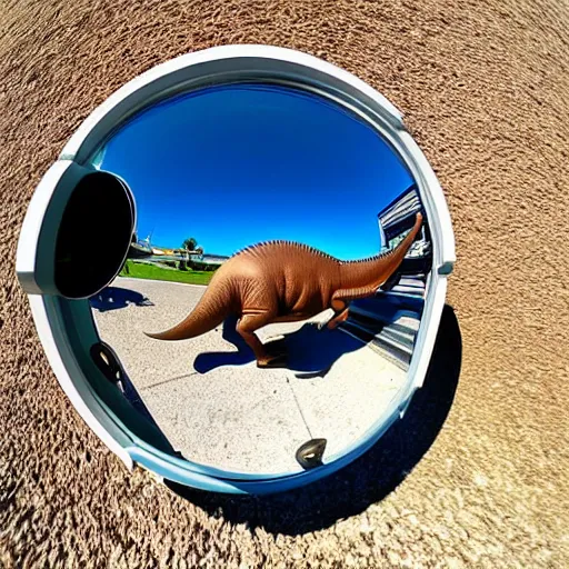 Image similar to fisheye view of dinosaur stealing packages, ring doorbell view