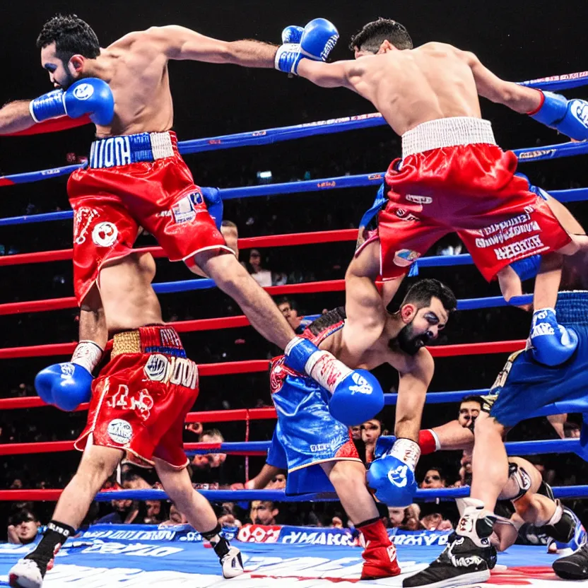 Prompt: landscape photography of a boxing match between rohit sharma and virat kohli in the ring, ultra realistic, highly detailed, canon 3 5 mm photography