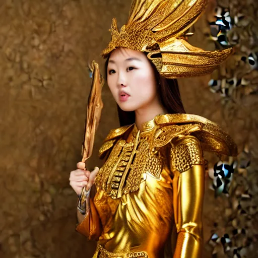 Prompt: defiant angry korean attractive woman in golden warrior outfit with golden ornaments not cover arms and body : photograph realistic 3 / 4 view of body