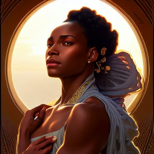 Image similar to portrait of an african american goddess, half body, perfect face, intricate, elegant, highly detailed, digital painting, artstation, concept art, smooth, sharp focus, illustration, art by artgerm and greg rutkowski and alphonse mucha