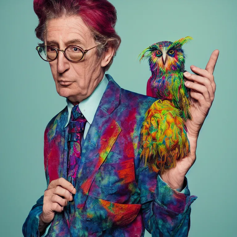 Image similar to high fashion photoshoot octane render portrait by wayne barlow and carlo crivelli and glenn fabry, a distinguished actor wearing a colorful wes anderson designed uniform and holding a tie - dye owl inside a high - end exotic colorful pastel vintage boutique hotel lounge, very short depth of field, bokeh