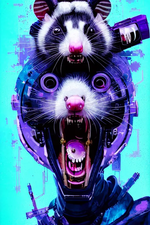 Image similar to a beautiful portrait of a cute cyberpunk opossum screaming by sandra chevrier and greg rutkowski and wlop, purple blue color scheme, high key lighting, volumetric light, digital art, highly detailed, fine detail, intricate, ornate, complex, octane render, unreal engine, photorealistic