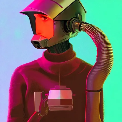 Prompt: full body androgynous girl, blade runner 2 0 4 9, scorched earth, cassette futurism, modular synthesizer helmet, the grand budapest hotel, glow, digital art, artstation, pop art, by hsiao - ron cheng