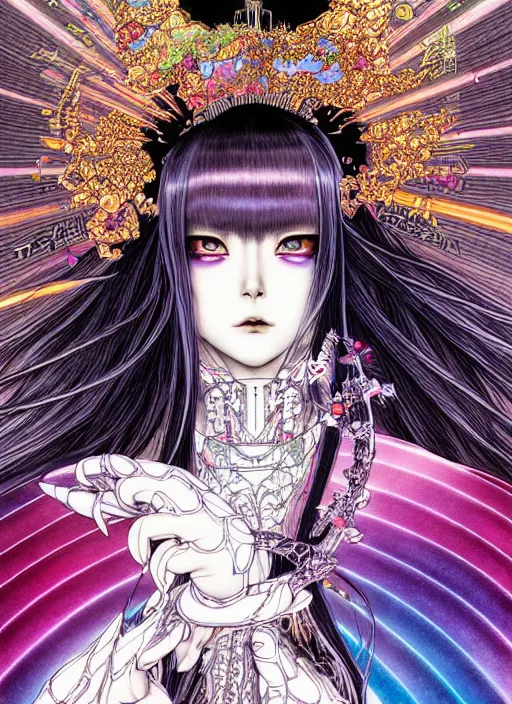 Image similar to highly detailed terada katsuya atrstation manga poster of princess mechine, face by aregerm, rainbow gradient reflection, ayami kojima, long hair, armor, dress, laces, ruffles, 8 k, maximalist, takato yamamoto