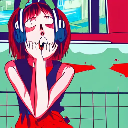 Prompt: studio gainax illustration, bloodied anime girl listening to music in a train, noise rock album cover