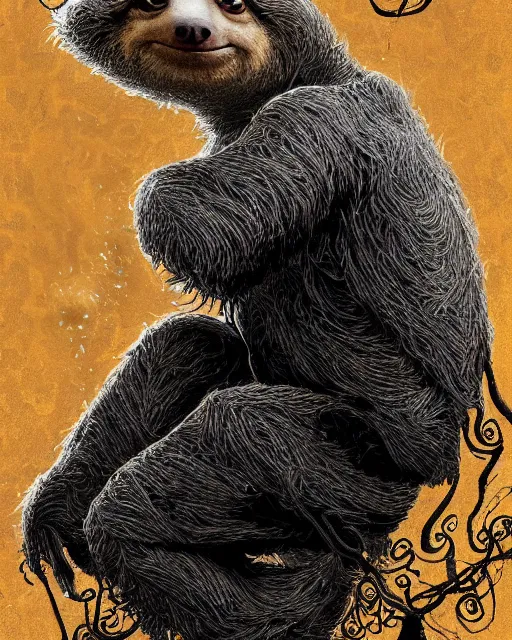 Image similar to a highly detailed portrait of a sloth wearing a black tuxedo as a devious magician radiating a powerful energy aura, wispy tendrils of smoke, swirling vortex of energy, performance art, intricate, digital painting, old english, raining, sepia, particles floating, whimsical background by marc simonetti, art by artgerm and greg rutkowski and alphonse mucha