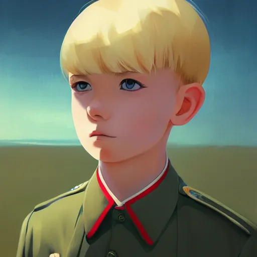 Image similar to portrait of blonde little boy wearing nazi uniform by ilya kuvshinov and anna dittmann and studio ghibli and wlop and rossdraws, digital art, trending on artstation, anime arts, featured on pixiv, red lighting, hd, 8 k, highly detailed, good lighting, beautiful, epic, masterpiece