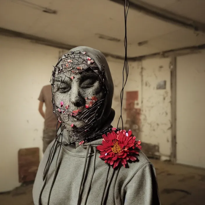 Prompt: a woman wearing a hood made of wire and zinnias, in an abandoned office building, by vincent desiderio, canon eos c 3 0 0, ƒ 1. 8, 3 5 mm, 8 k, medium - format print