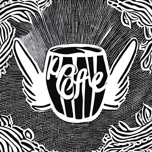 Image similar to logo of a pot of coffee with wings, black and white, line art