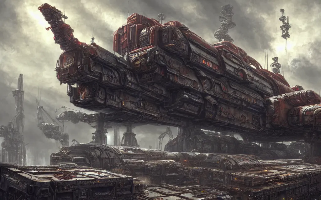 Image similar to a beautiful highly detailed matte painting of a huge derelict cargo starship, Space Hulk, WarHammer 40k by Jose Daniel Cabrera Pena and Leonid Kozienko, concept art