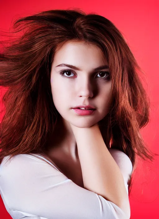 Prompt: Close-up portrait photo of a beautiful girl with light brown hair with red highlights , Cinematic Lighting , Low-key light, flash studio,one light, in the style of Lindsay Adler, dark background, high quality