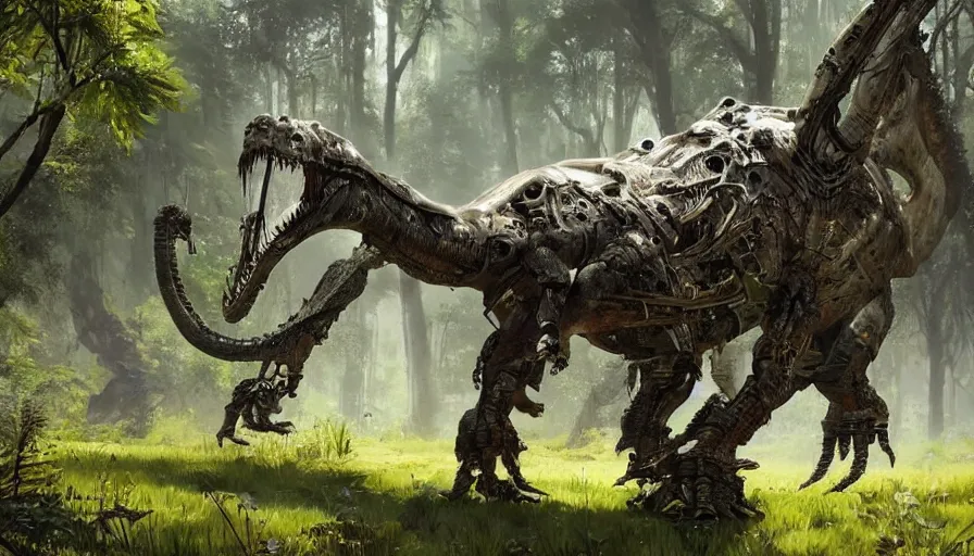 Image similar to A part machine part dinosaur hybrid of a T-Rex strolling along a lush green forest in the style of the playstation 5 game Horizon Zero Dawn world, half robot T-Rex, sci-fi concept art, highly detailed, oil on canvas by James Gurney
