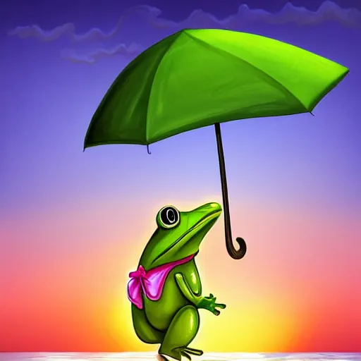 Prompt: frog on the beach with an umbrella next to him, watching a beautiful sunrise, digital art, highly detailed