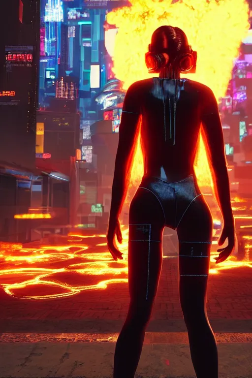 Prompt: in the foreground a cyberpunk city, in the background a beautiful young blonde woman from behind playing with flames coming out of her skin wearing a long matrix-style jacket, realistic, high definition, many details, dramatic scene, symmetrical face, realistic eyes , cyberpunk art 2077