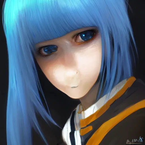 Prompt: profile shot of rimuru tempest looking forward, sky blue hair, straight hair, pretty, long bangs, gold eyes, black jacket with white stripes and a high collar, highly detailed, unreal engine 5, digital painting, glow, concept art, cinematic, wlop | artgerm, pixiv, ilya kuvshinov, greg rutkowski
