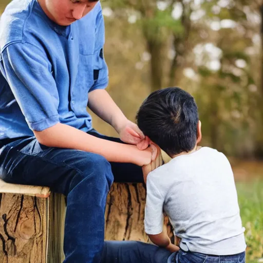 Prompt: a kid healing a mans wound, the man is sitting on a wooden chair