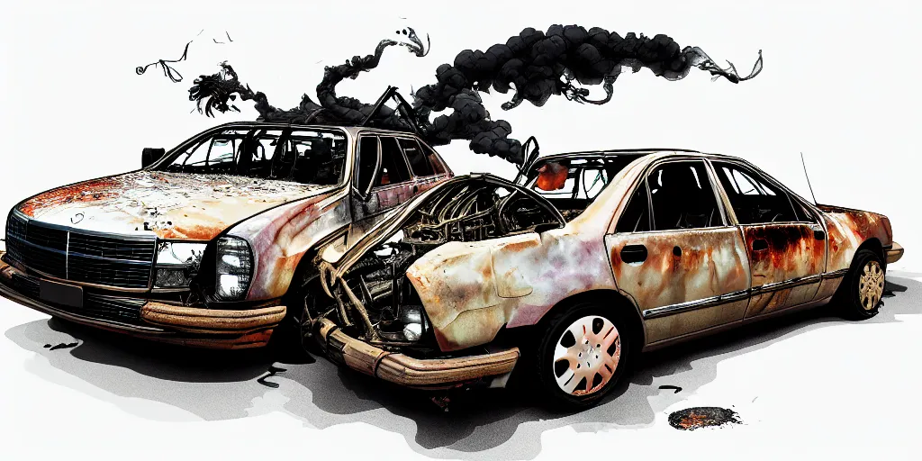 Image similar to a big woman axolotl in burning wrecked mercedes 1 2 4, by kirokaze, ultrafine hyperdetailed illustration by kim jung gi