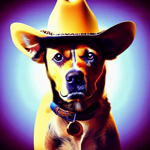 Prompt: a cute dog wearing a cowboy hat,pale colors, google deep dream