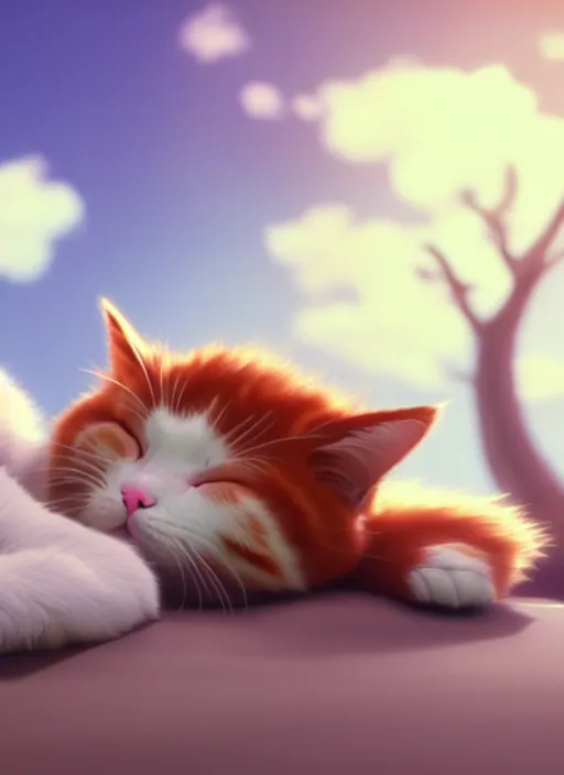 Image similar to a wholesome animation key shot of a ginger and white cat sleeping, close up, studio ghibli, pixar and disney animation, sharp, rendered in unreal engine 5, clear sky, anime key art by greg rutkowski, bloom, dramatic lighting