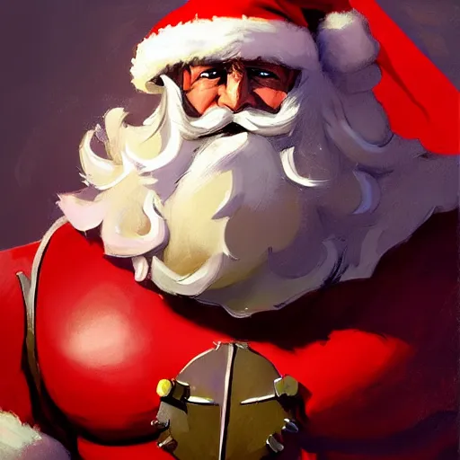 Image similar to greg manchess portrait painting of fully armored santa claus as overwatch character, medium shot, asymmetrical, profile picture, organic painting, sunny day, matte painting, bold shapes, hard edges, street art, trending on artstation, by huang guangjian and gil elvgren and sachin teng