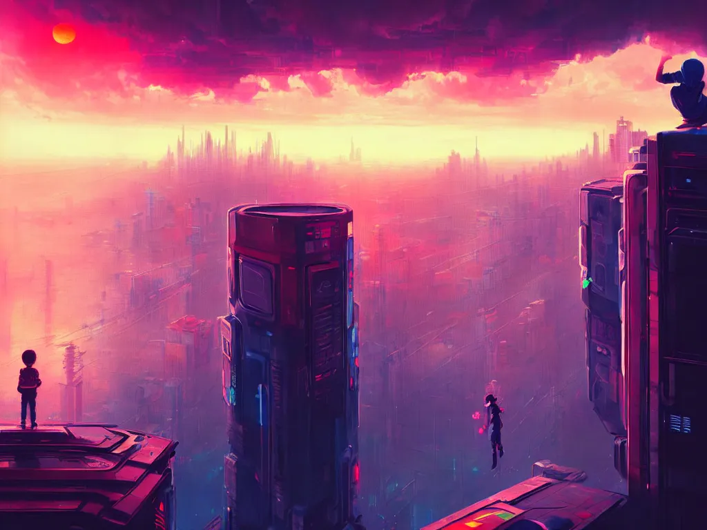 Image similar to a painting of a boy on top of a building watching a colorful sunrise futuristic city surrounded by clouds, cyberpunk art by yoshitaka amano and alena aenami, cg society contest winner, retrofuturism, matte painting, apocalypse landscape, cityscape