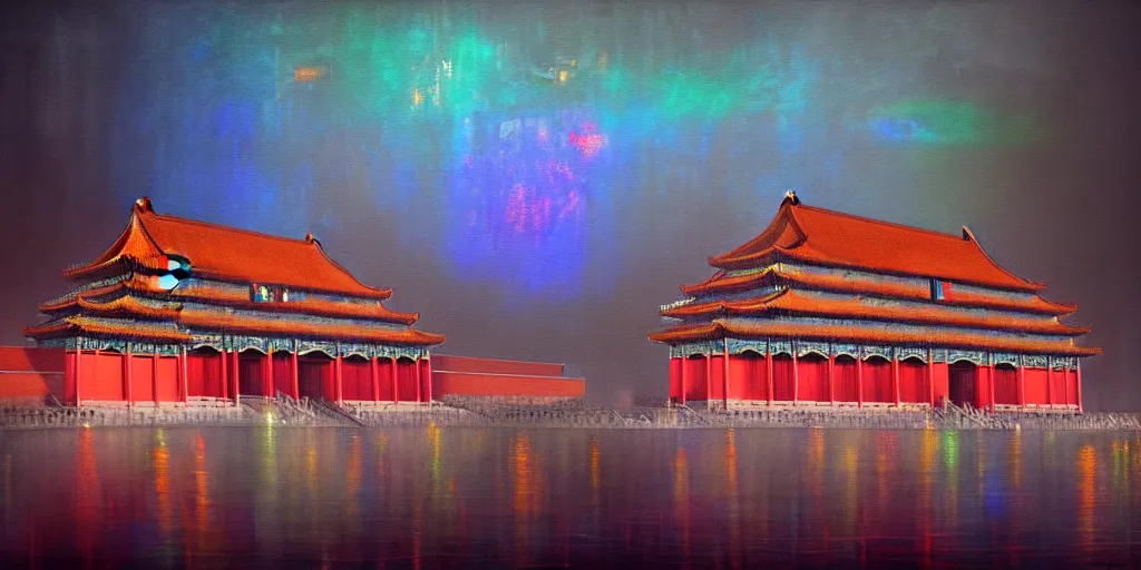 Image similar to A realistic painting of Forbidden City by Neon Light. Cyberpunk Impressionism, in the style of Esao Andrews, Prismatic, Pearlescent, reflective, shimmering, highly detailed, masterpiece, dreamy, concept art, Cinematic lighting, 8k, trending on artstation