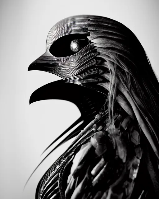 Image similar to a profile portrait, a stunning young woman - cyborg with a mutant crow head, editorial photography, bw, by roman sustov, by hr giger, shot on 7 0 mm, depth of field, f / 2. 8, high contrast, 1 6 k, volumetric lighting, shiny, insanely detailed and intricate, hypermaximalist, elegant, ornate