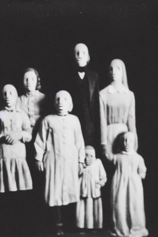 Image similar to an unsettling old family photograph, anxious people standing in a large haunted house, phantom ghosts in the background, cinematic, horror, photorealistic, vintage,