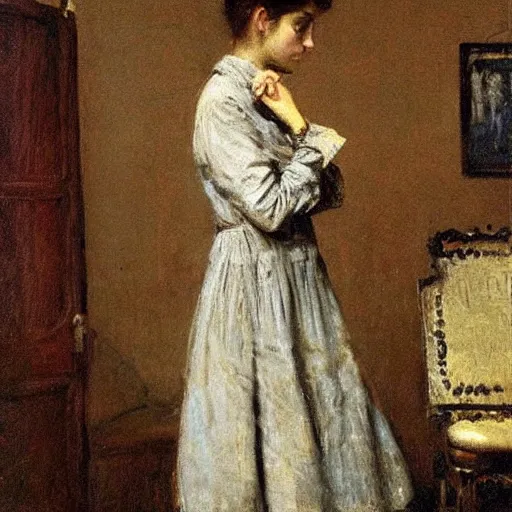 Prompt: a young woman detective by alfred stevens