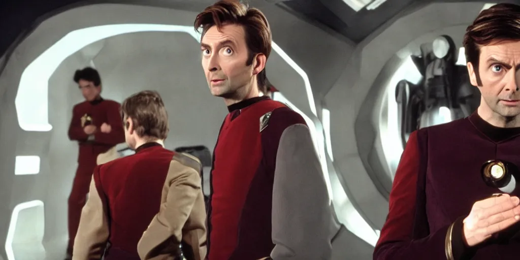 Image similar to David Tennant as Doctor Who in the role of Captain Kirk in a scene from Star Trek the original series