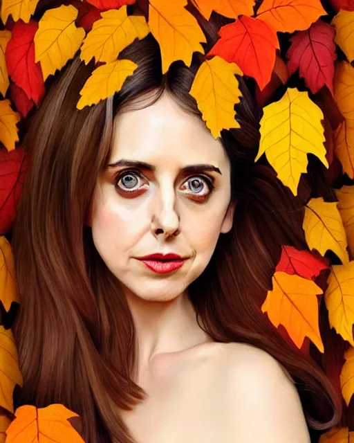 Prompt: gorgeous young Alison Brie, realistic character concept, full body, autumn leaves, orange yellow, medium shot, shorter neck, illustration, symmetrical face and body, realistic eyes, cinematic lighting, detailed realistic symmetrical eyes, symmetrical nose, symmetrical pupils, symmetrical nostrils, face by artgerm, symmetrical nose, high resolution, Joshua Middleton, Charlie Bowater, single face, insanely detailed and intricate, beautiful