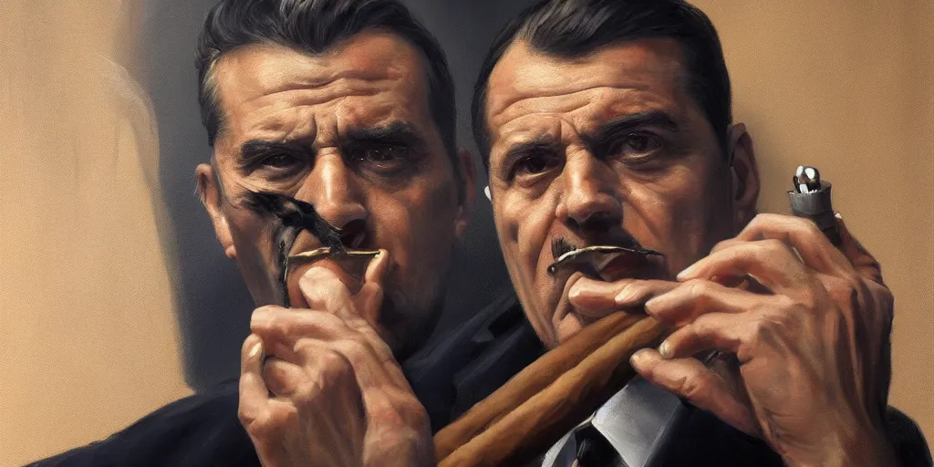 Image similar to abstract oil matte portrait painting, mafia boss smoking a cigar at his 5 0 s new york office desk, wonderful masterpiece highly detailed, beautiful cinematic light deep focus, elegant, digital painting, smooth, sharp focus, golden ratio, dramatic illumination, ultra realistic, 8 k, art by jimmy law